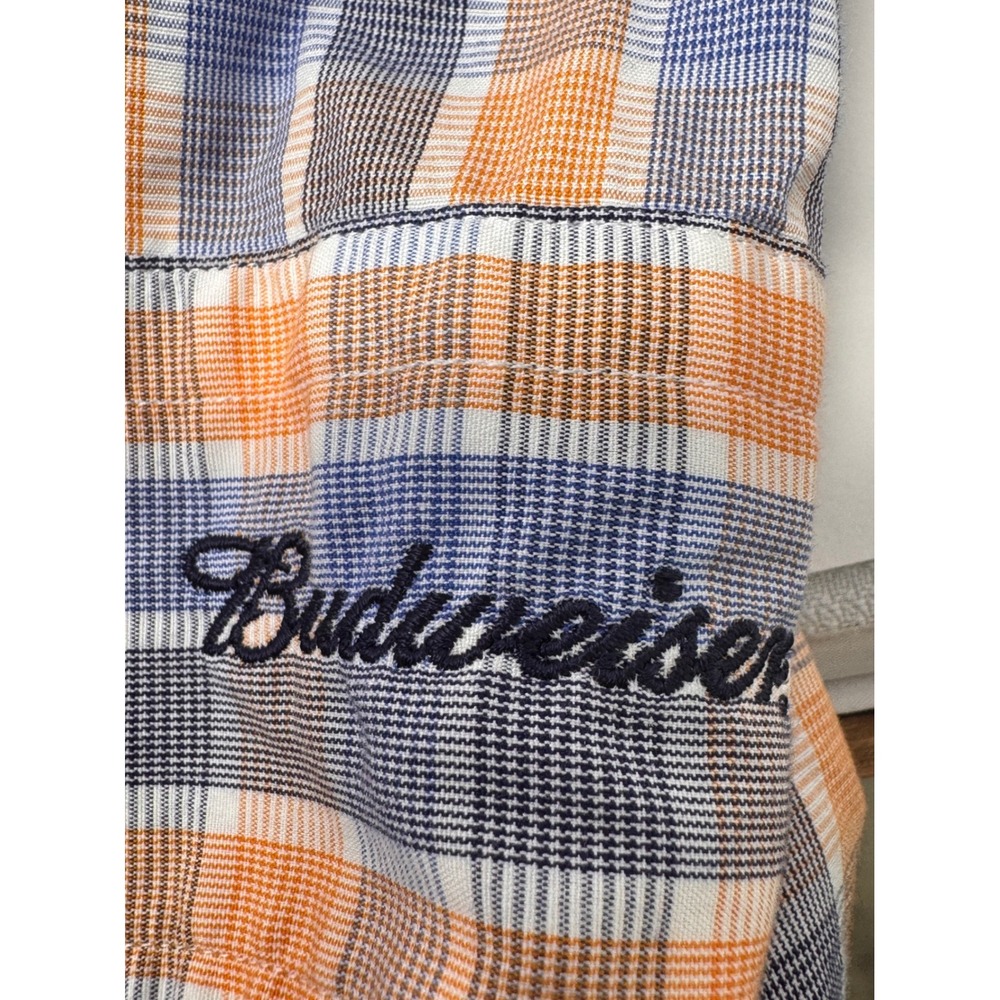 Budweiser Anheuser-Busch Plaid Shirt Mens Large L Long Sleeve Blue Orange Cotton - Picture 7 of 7